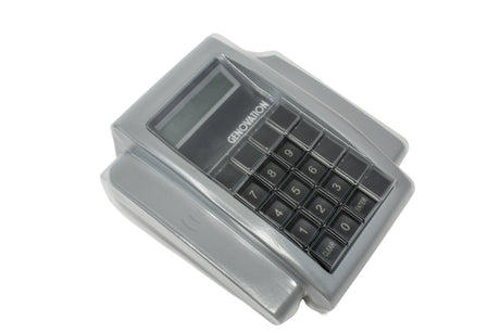 A plastic protective cover designed for the Genovation MiniTerm 910, featuring a clear protective screen cover over the display and a black numeric keypad.