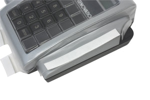 A close-up of a Genovation MiniTerm 910 electronic terminal or card reader device with a numeric keypad, clear protective cover with adhesive lining. 