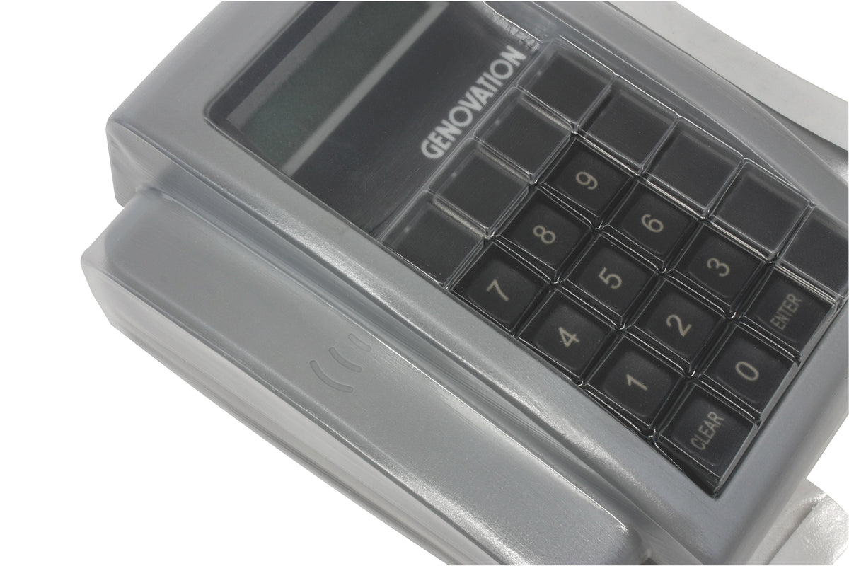 A close-up of a Genovation electronic access control card reader or keypad device, showing a TPU protective cover applied. 